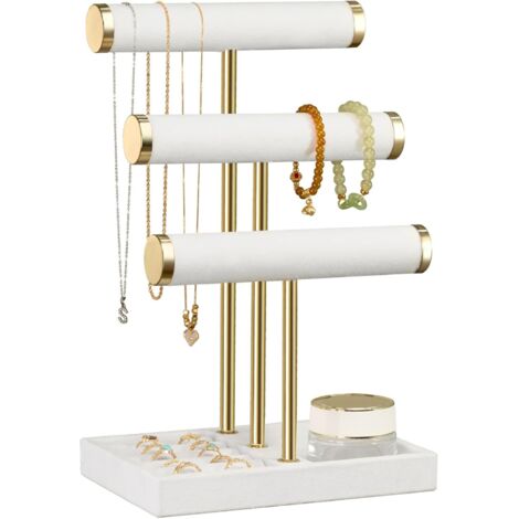 Présentoir à bijoux à trois niveaux - Présentoir à bijoux, adapté aux bracelets, présentoir à bijoux détachable en forme de T, blanc.