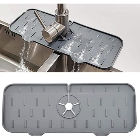 Tapis de robinet en silicone, protection anti-éclaboussures de robinet 37 x 13,3 cm, pour robinet de cuisine et évier, pliable (gris). (1/5)