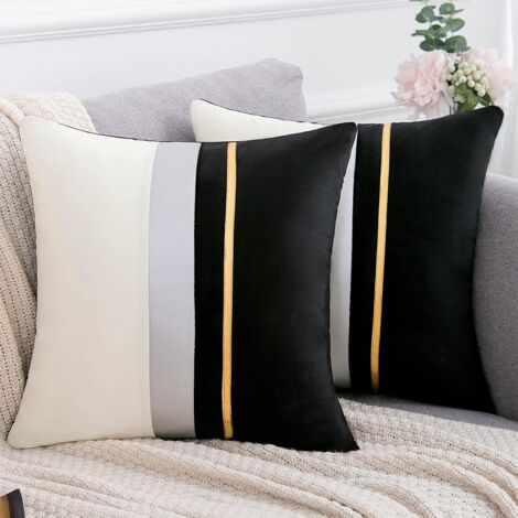 Housses de coussin patchwork noires (lot de 2, 45x45cm) - Taies d'oreiller décoratives en velours pour canapé et décoration intérieure, extra douces, adaptées aux canapés, salons et chambres. (1/5)
