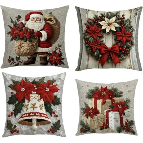 Taie d'oreiller décorative de Noël en lin peluche imprimé bonhomme de neige (sans coussin) 45 x 45 cm (lot de 4, coussin non compris) (1/5)