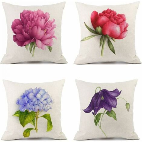 Un ensemble de quatre housses de coussin en lin de 45 x 45 cm, décorées de motifs de fleurs sauvages, convenant aux chambres, salons, canapés, balcons, jardins et autres lieux. (1/5)