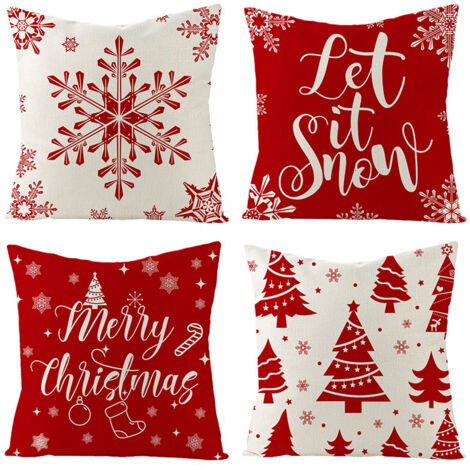 Housses de coussin de Noël en lin et coton, housses de coussin en lin à motif de rennes, décoration intérieure, convient aux canapés, salons, chambres, rouge, ensemble de 4 pièces, 45x45 cm. (1/5)