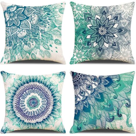 Housses de coussin, 4 taies d'oreiller en coton et lin, décoration pour canapé et chambre à coucher, 45 x 45 cm (mandala bleu) (1/5)