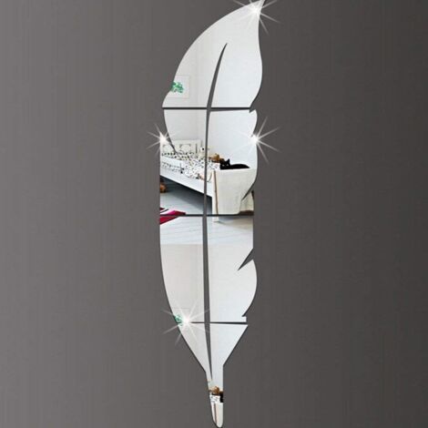 Sticker mural miroir 3D en acrylique, motif plumes orientées vers la droite, auto-adhésif, décoration intérieure, dimensions : 18 x 73 cm, argent. (1/5)