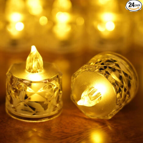 Un ensemble de 24 bougies chauffe-plat sans flamme à piles, bougies LED en cristal, adaptées à la décoration intérieure, 5 cm de hauteur. (1/5)