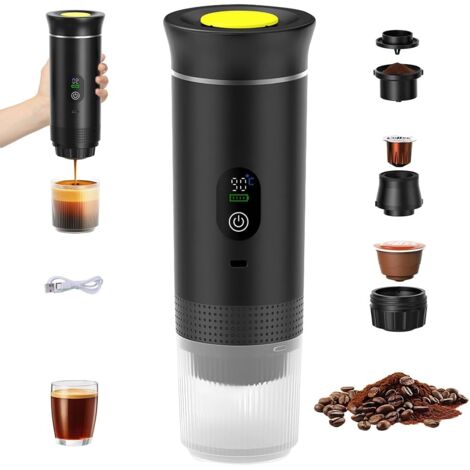 Machine à expresso portable, cafetière auto-chauffante pour voiture avec USB-C, compatible avec le café moulu et les capsules NS, noire.