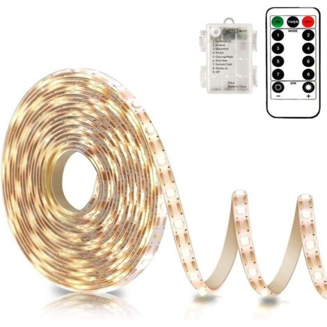 Bande LED à piles avec télécommande, blanc chaud, 8 modes, intensité réglable, minuterie, autocollante, sécable, étanche, 3 m (9,8 pi).