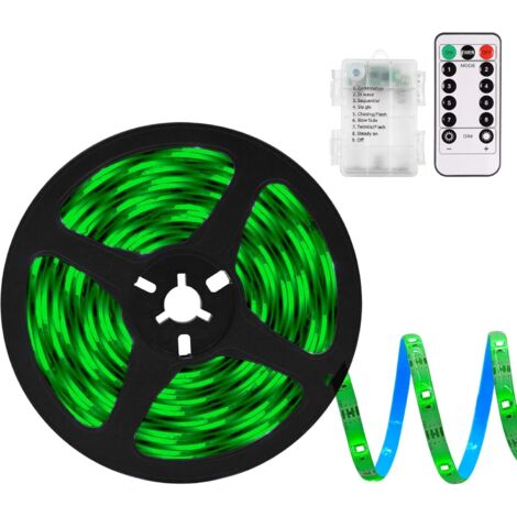 Bande LED à piles avec télécommande, lumière verte, 8 modes, intensité réglable, minuterie, autocollante, sécable, étanche, 3 m (9,8 pi).