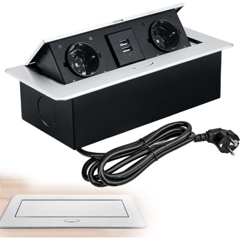 Prise encastrée avec 2 prises de courant et 2 ports USB, câble de 1,5 mètre, idéale pour les plans de travail, les bureaux, couleur argent. (1/5)