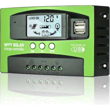 Contrôleur de charge solaire MPPT 60 A, régulateur de panneau solaire à suivi automatique 12 V/24 V avec écran LCD, double port USB (vert)