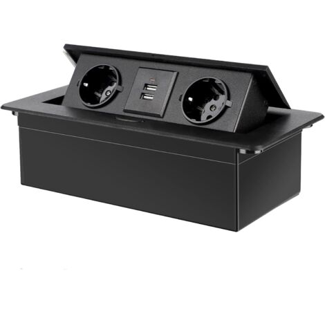 Prise encastrée avec 2 prises de courant et 2 ports USB,idéale pour les plans de travail et les bureaux, noire. (1/5)