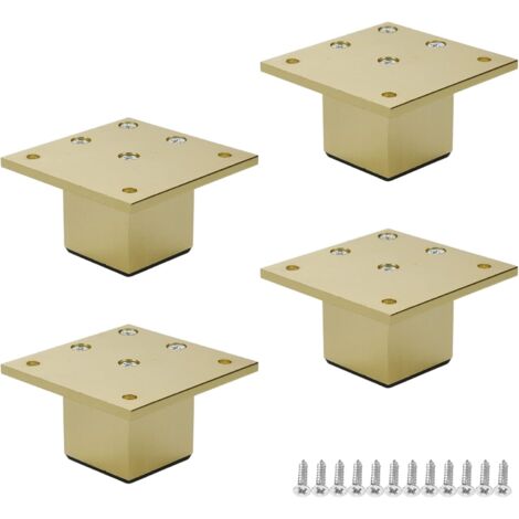 Un ensemble de 4 pieds de meubles en métal, tubes carrés de 5 cm de haut, adaptés aux armoires, tables, canapés et lits (or brossé).