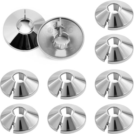 Lot de 10 cache-tuyaux chromés pour radiateurs, en plastique, diamètre 15 mm, largeur 4,5 cm, fixation par clips, pour tuyaux de chauffage central. (1/5)