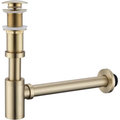 Siphon rond moderne en forme de P, en laiton, 1 1/4 pouce, avec un drain à ressort, sans trop-plein, or.