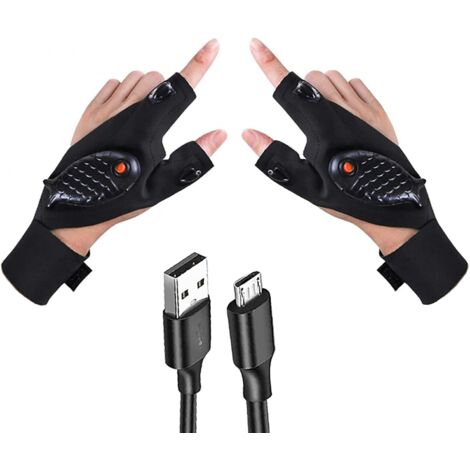 Gants de pêche rechargeables avec lampe torche LED, adaptés au camping et à la réparation de gants de pêche, design en forme de poisson.