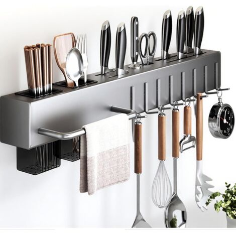 Porte-couteaux mural sans perçage, étagère de cuisine multifonctionnelle avec crochets, support à couteaux avec porte-couverts,(Gris - 50 cm)