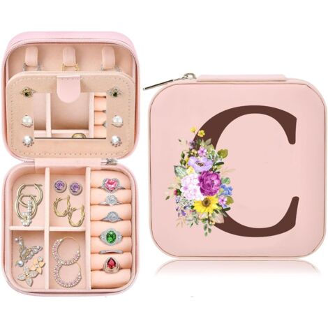 Boîte à bijoux , boîte à bijoux portable pour femmes, petite boîte de rangement pour bijoux avec miroir, organisateur de bijoux en cuir PU, (Rose C) (1/5)
