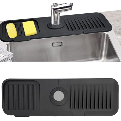 Protection anti-éclaboussures pour évier, tapis de robinet en silicone, tapis de robinet absorbant, porte-éponge (noir) (1/5)