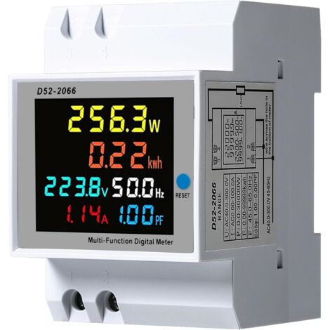 Compteur numérique 6 en 1, 100 A, monophasé, montage sur rail DIN, ampèremètre, voltmètre, wattmètre (volts, ampères, watt-heures), 40-300 V AC. (1/5)
