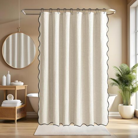 Rideau de douche à motif éventail bordé de noir, en lin texturé, avec 12 crochets métalliques. Tissu épais. Dimensions : 183 x 183 cm. Beige. (1/5)
