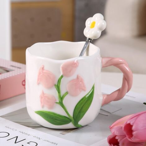 Tasse à café/thé en céramique en forme de tulipe 3D, 480 ml, avec cuillère et anse (rose) (1/4)