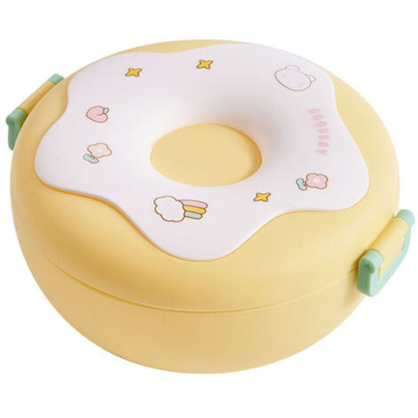 Boîte Bento Rond Donut avec Couvercle Fourchette Cuillère, Récipient Repas Chauffable Plastique pour Bureau École Jaune (1/4)