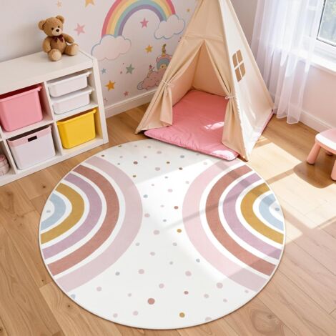 Tapis rond arc-en-ciel, idéal pour les chambres, tapis lavable pour enfants, tapis de princesse coloré. (1/5)