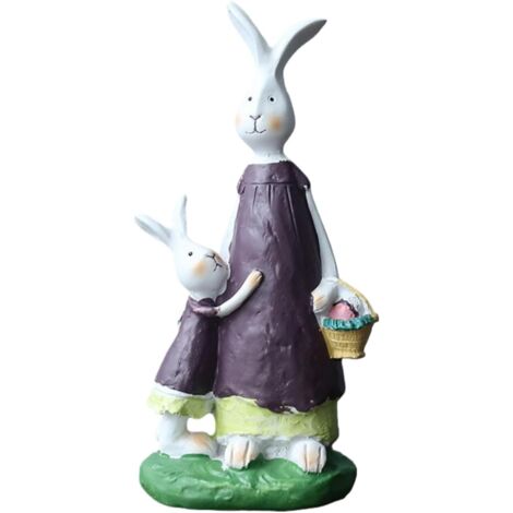 Figurines en résine représentant une maman lapin et son bébé lapin – des lapins de Pâques, tenant des carottes et portant des tenues assorties. (1/5)