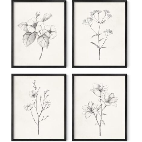 Ensemble de 4 affiches murales florales grises, style vintage, avec des motifs botaniques et des illustrations en noir et blanc (1/4)