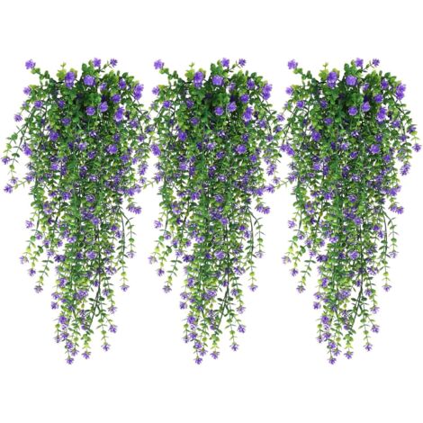 Un ensemble de 3 plantes décoratives suspendues d'extérieur – fleurs artificielles résistantes aux UV, convenant aux murs, balcons et terrasses. (1/4)