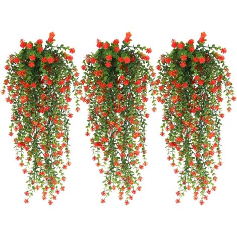Un ensemble de 3 plantes décoratives suspendues d'extérieur – fleurs artificielles résistantes aux UV, convenant aux murs, balcons et terrasses. (1/4)