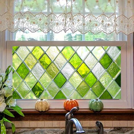 Film décoratif pour fenêtre, motif losanges verts, 45 x 100 cm, effet vitrail, protection UV, idéal pour les cuisines et les salons. (1/5)
