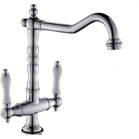 Robinet de cuisine en laiton, double poignée, robinet d'évier de cuisine à poser, eau chaude et froide, rotation à 360° (couleur : argent). (1/5)