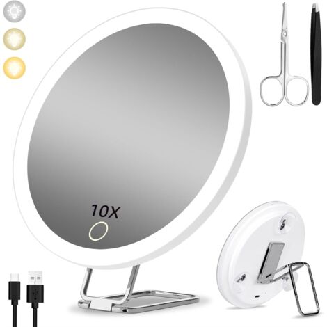 Miroir Grossissant Lumineux 10X, 15cm - 3 Modes de Couleur Dimming, Grand Miroir de Voyage Rechargeable avec 3 Ventouses et Support de Table 360° (1/5)