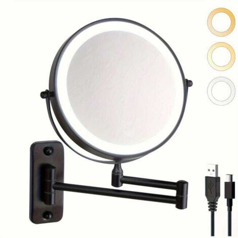Miroir de maquillage double face éclairé, miroir de salle de bain mural, convient aux lavabos de chambre et de salon, noir, grossissement 1x10x. (1/5)