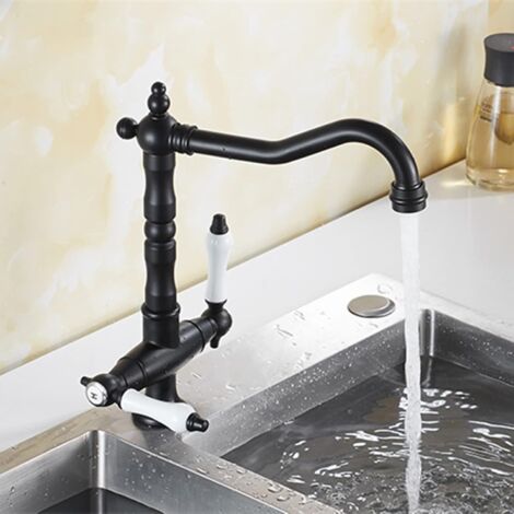 Robinet de cuisine en laiton, double poignée, robinet d'évier de cuisine à poser, eau chaude et froide, rotation à 360° (couleur : noir). (1/5)