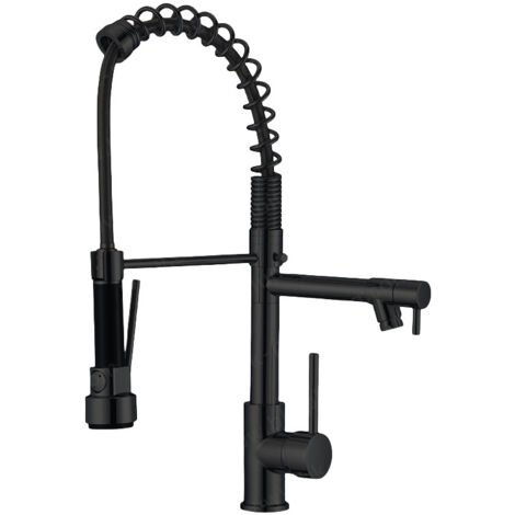 Robinet de cuisine pivotant à 360° avec douchette extractible et deux becs, bec haut, mitigeur eau chaude/eau froide avec raccords standard, noir (1/4)