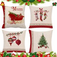 Ensemble de quatre taies d'oreiller de Noël, taies d'oreiller de Noël, coussins de taie d'oreiller de Noël, taies d'oreiller de Noël en coton et lin.