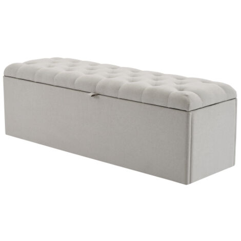 Banc rembourré en lin, 141 x 41,5 x 47 cm (L x l x H), assise rembourrée, tabouret de lit, banc avec espace de rangement, gris clair (1/5)