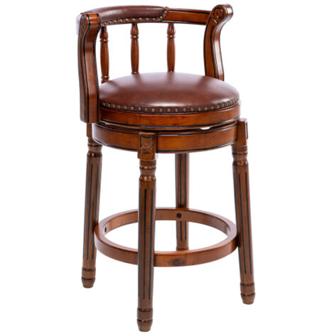 Tabourets de bar en cuir et bois avec assise en cuir de vachette, pivotants à 360° avec dossier, hauteur bar, idéaux pour la cuisine, la salle à manger et le bar. (1/5)