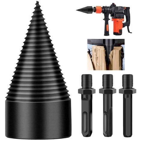 Fendeuse de bûches, 4 forets coniques amovibles pour bois d\'allumage, forets robustes pour perceuses électriques, tournevis conique hexagonal + carré + rond 38 mm