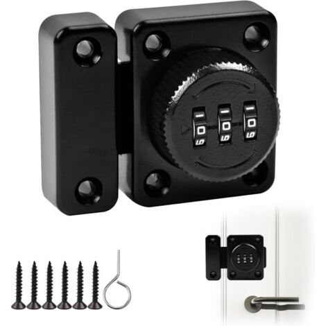 Serrure de porte coulissante sans clé à code à 3 chiffres avec vis de fixation de sécurité pour armoire, noire (1/4)