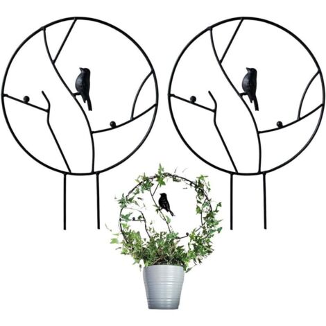 Lot de 2 treillis de jardin en fer pour plantes grimpantes, petit treillis antirouille de 40,6 cm pour plantes d'intérieur en pot, treillis rond avec oiseau – Noir (1/4)