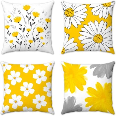 Ccykxa – Lot de 4 housses de coussin 18 x 18 pouces – Motif fleur de moutarde et gris – Tissu doux 90% coton – Décoration intérieure et extérieure