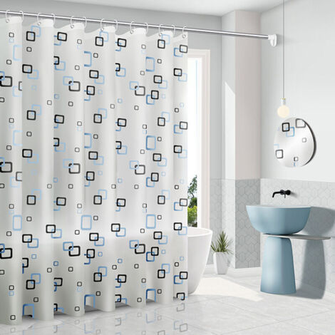 Ahlsen Rideau de Douche Anti moisissure 200 x 180 cm avec Anneaux,Anti-Bactérien Rideau Douche, Pas de Lavage, pour Les Salle de Bain, Blanc avec des carrés Bleus