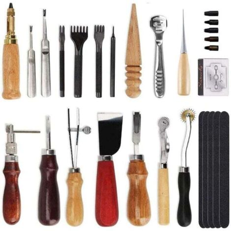 18PCS Kit Outils Cuir DIY Outillage Poinçon Artisanat Maroquinerie Bricolage Main Punch Trou Stitching Working Sewing Saddle Groover (1/5)