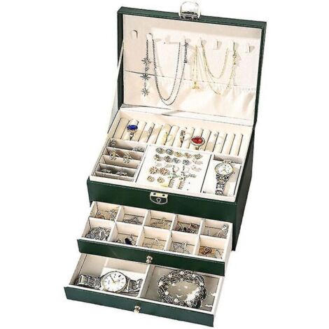 Ahlsen – Boîte à bijoux à trois niveaux – Rangement à double tiroir – Matériau PU – Taille 23x17x13,5cm pour colliers et bagues