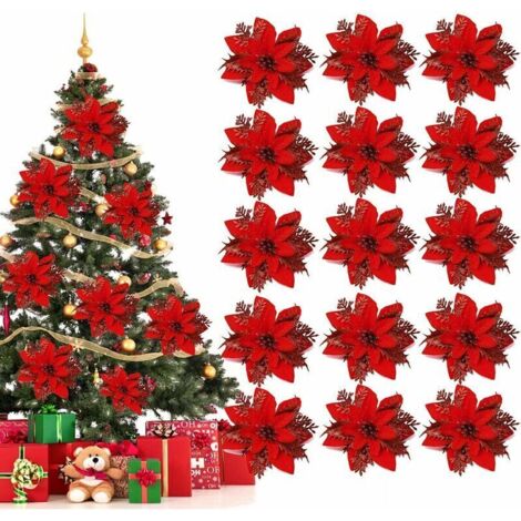Ahlsen Fleurs de Noël, 15 pcs Fleurs pour Sapin de noël, Decoration Noel Sapin, Fleurs artificielles de Poinsettia, pour Arbre de Noël, fête d'anniversaire (Rouge) (1/5)