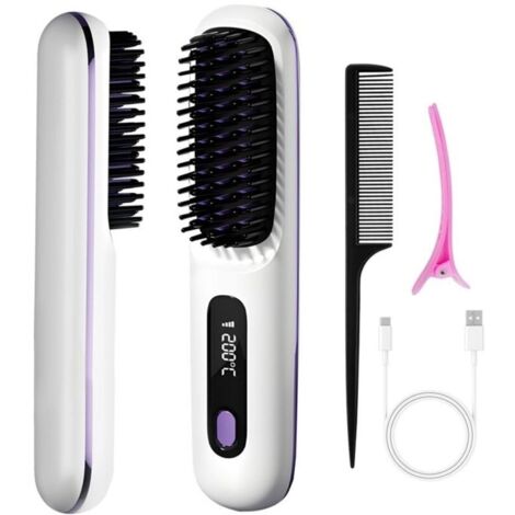 Brosse à Lisser Brosse à Lisser sans Fil, pour Coiffure 3 Niveaux de température, Mini lisseur Brosse Lisser, Rechargeable