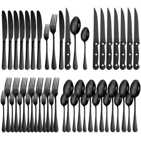 (noir)Ménagère 48 Pièces, Service pour 8 Personnes, en Acier Inoxydable Poli Miroir, avec Couteau à Steak, Noir